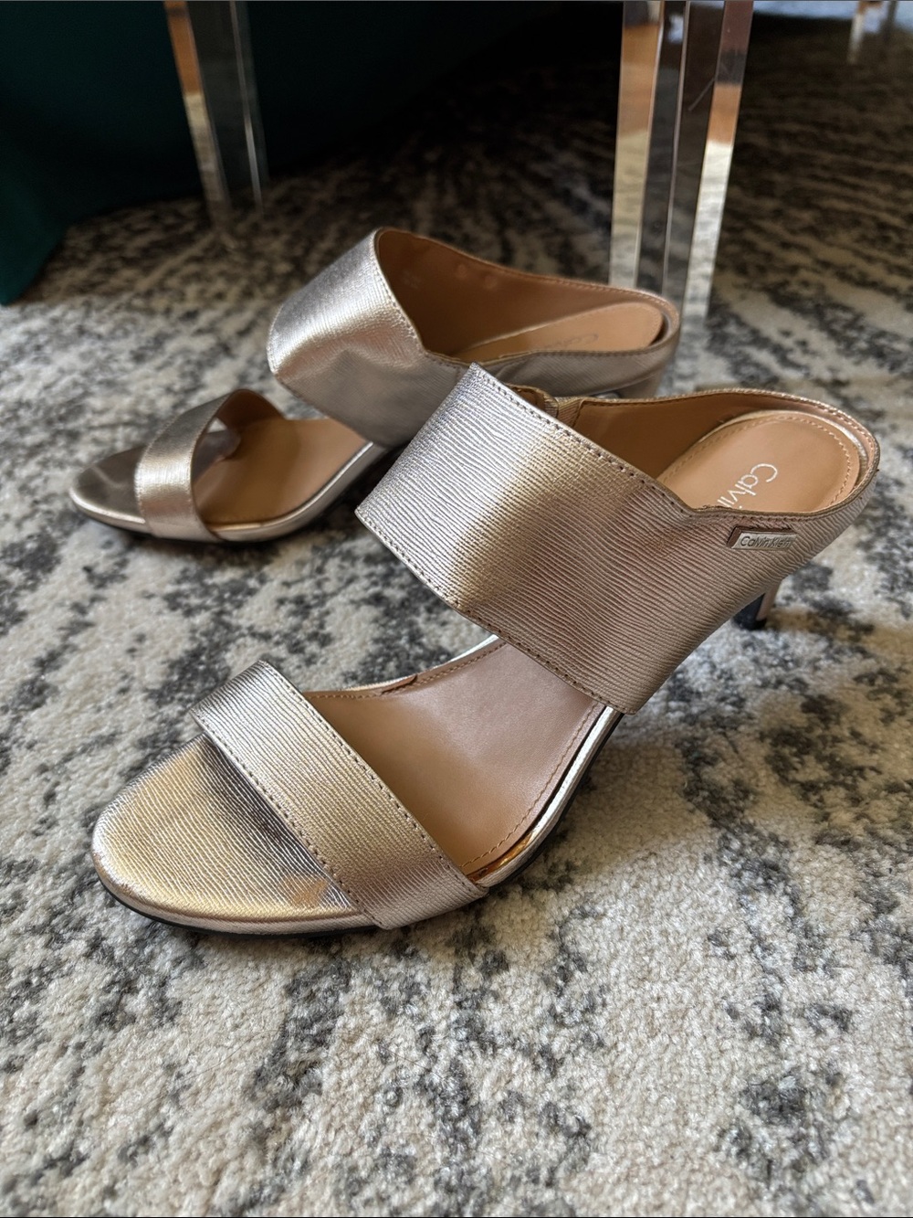 Calvin Klein Two-Strap Metallic Gold/Platinum Slide Mules size 8